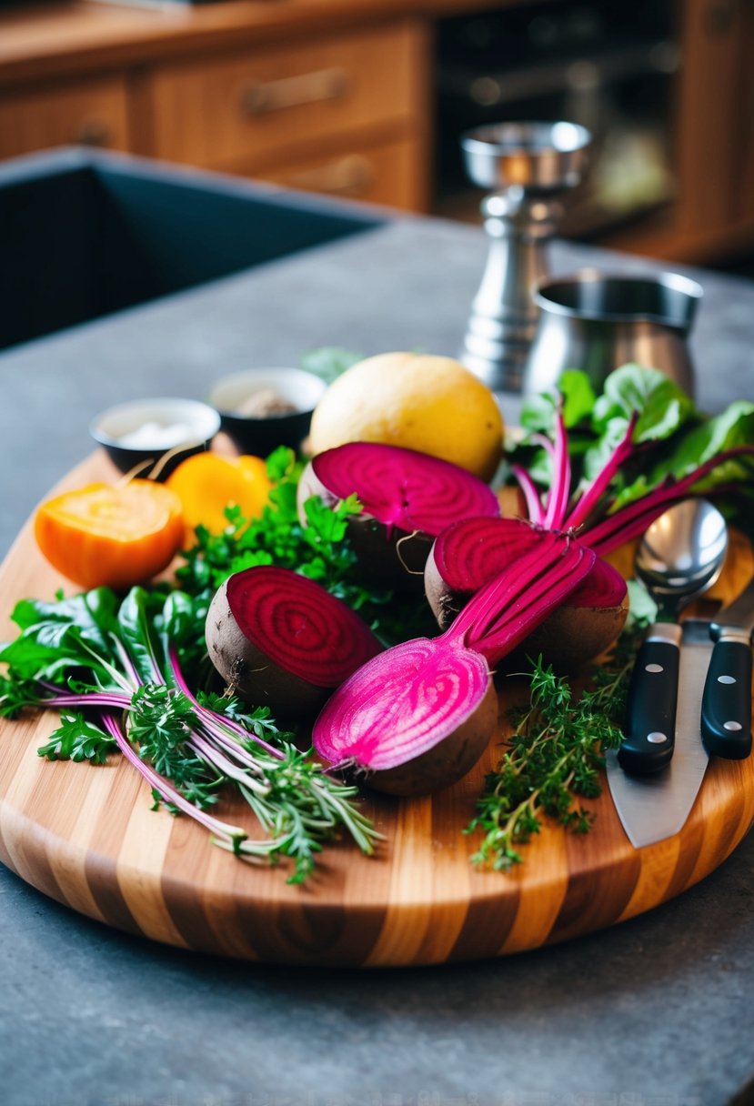 A colorful array of fresh beetroot, herbs, and kitchen utensils on a wooden cutting board