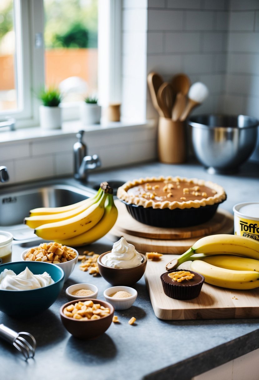 A kitchen counter with ingredients like bananas, toffee, whipped cream, and a pie crust. A mixing bowl and utensils are nearby