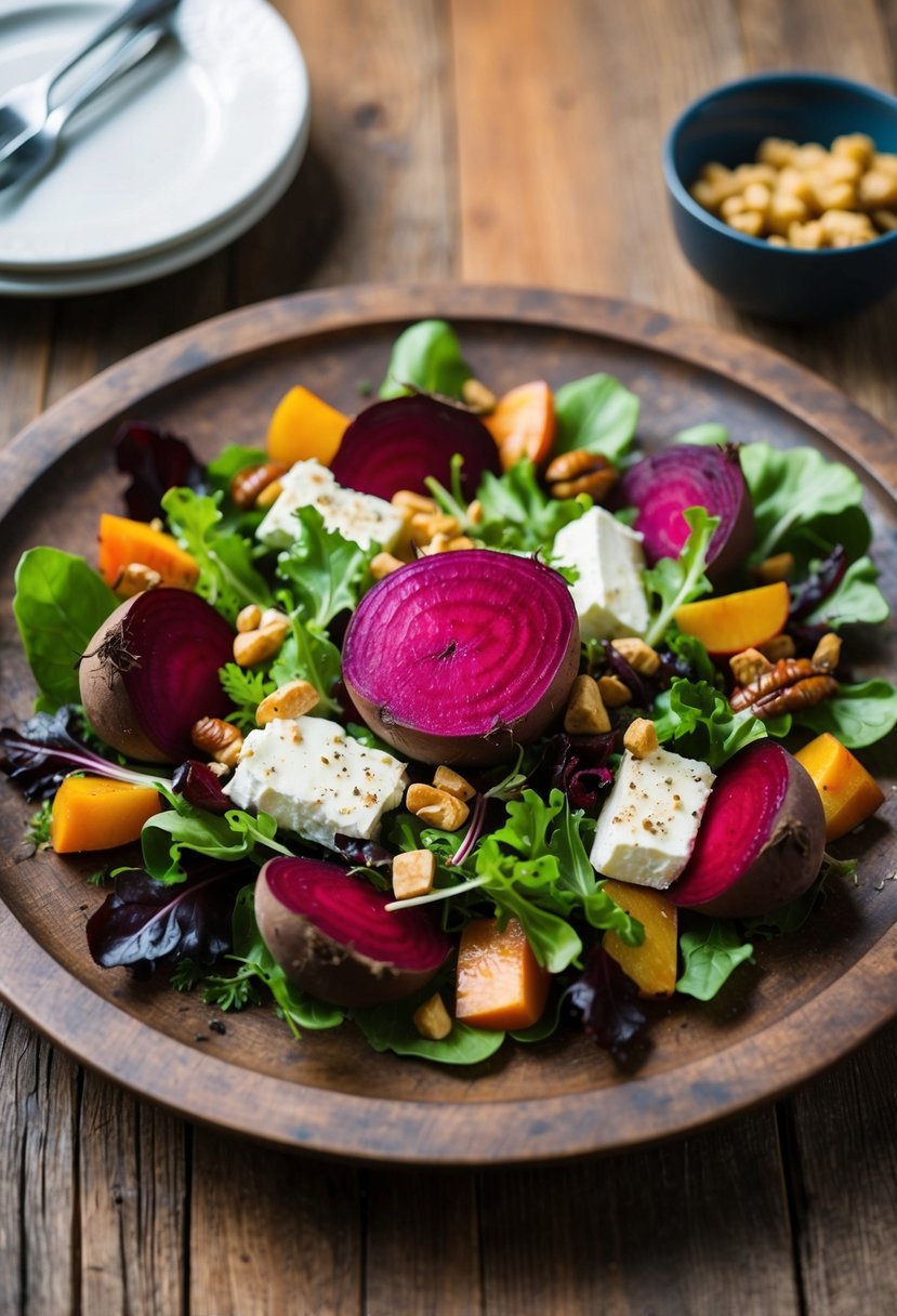 A colorful beetroot salad with creamy goat cheese, mixed greens, and roasted beets arranged on a rustic wooden serving platter