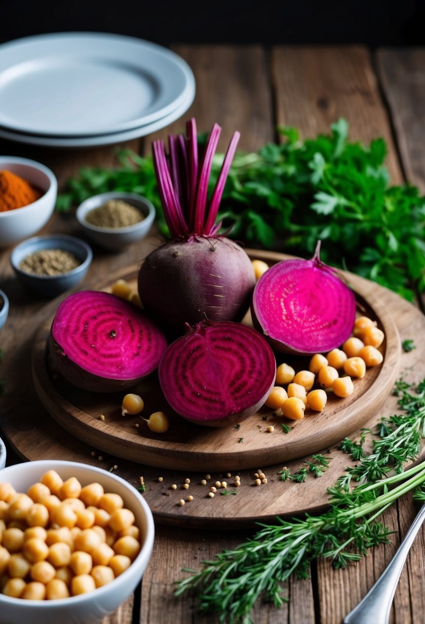 A rustic wooden table with vibrant beetroot and chickpeas, surrounded by fresh herbs and spices