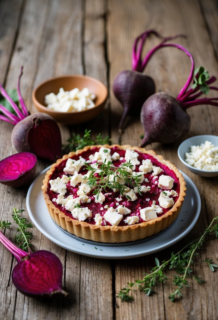 A rustic beetroot and feta cheese tart sits on a wooden table, surrounded by fresh beetroot, crumbled feta, and sprigs of thyme