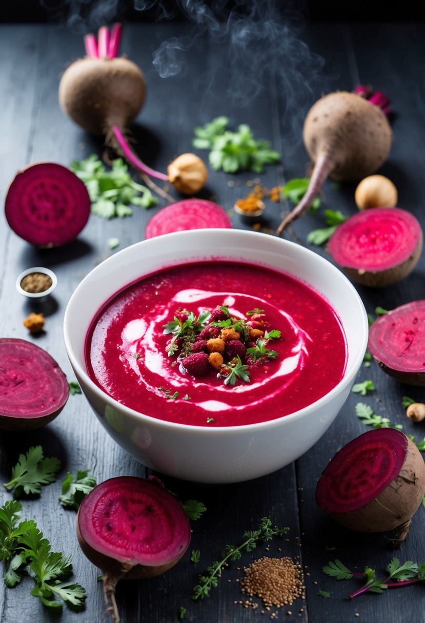 A steaming bowl of vibrant red beetroot soup surrounded by scattered fresh beetroots, herbs, and spices