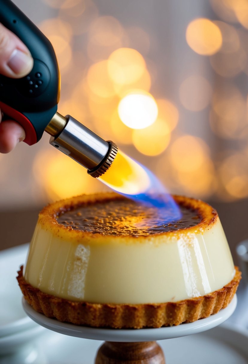 A hand holding a blow torch caramelizing the sugar on a perfectly creamy crème brûlée