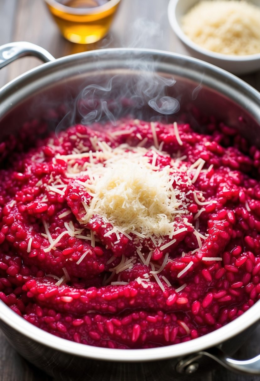 A steaming pot of creamy beetroot risotto topped with freshly grated Parmesan cheese. Deep red beetroot and arborio rice visible in the dish