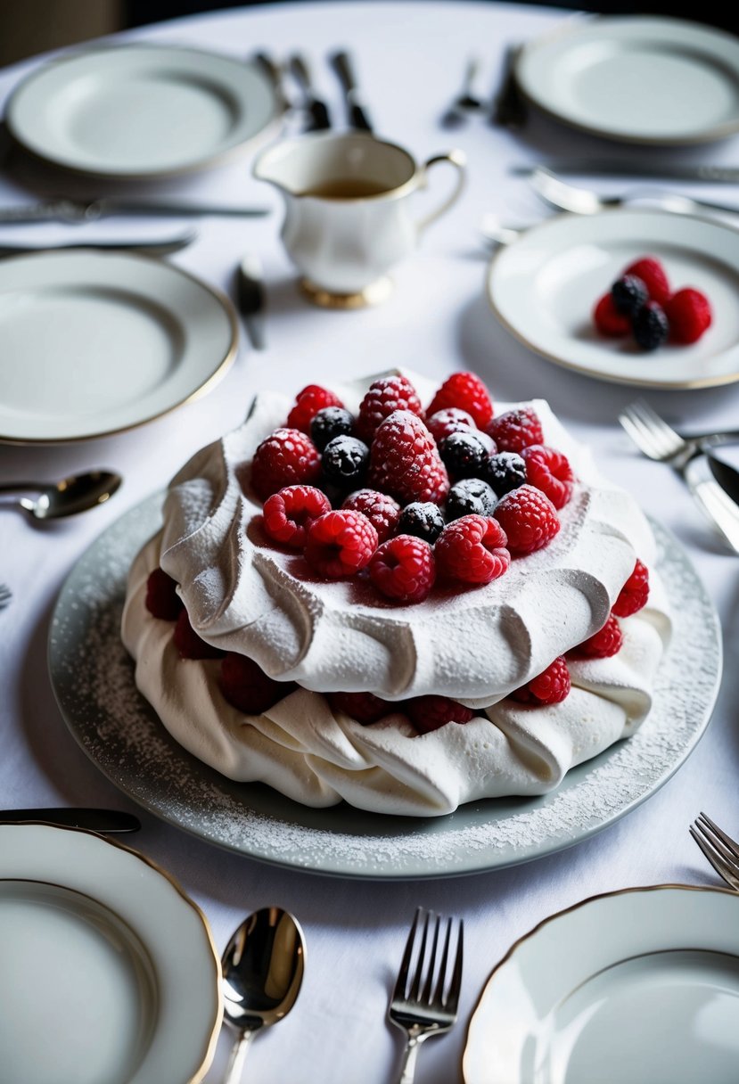 A table set with a delicate raspberry pavlova, adorned with fresh berries and a dusting of powdered sugar, surrounded by elegant dessert plates and silverware