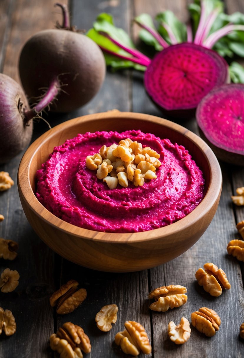 A wooden bowl filled with vibrant beetroot and walnut dip, surrounded by fresh beetroot and scattered walnuts on a rustic table