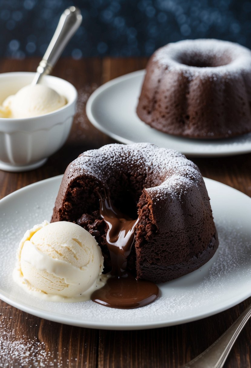 A rich, gooey chocolate cake oozing with molten chocolate center on a white dessert plate, accompanied by a scoop of vanilla ice cream and a dusting of powdered sugar