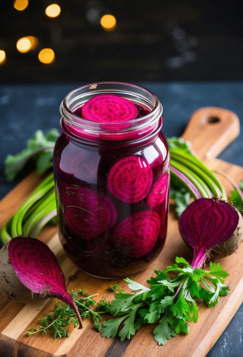 A jar of pickled beetroot slices surrounded by fresh beets and herbs on a wooden cutting board