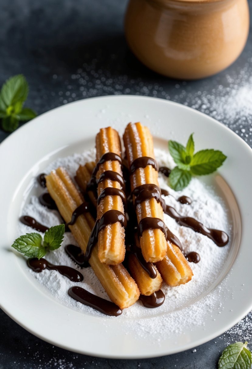 A plate of churros drizzled with chocolate sauce, surrounded by a scattering of powdered sugar and a few decorative mint leaves