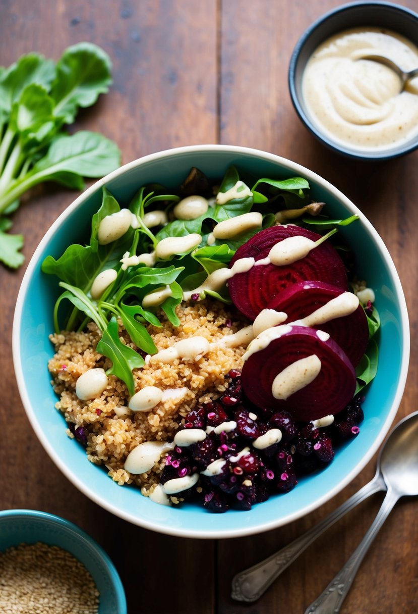 A colorful bowl filled with cooked quinoa, roasted beetroot, mixed greens, and a drizzle of tahini dressing