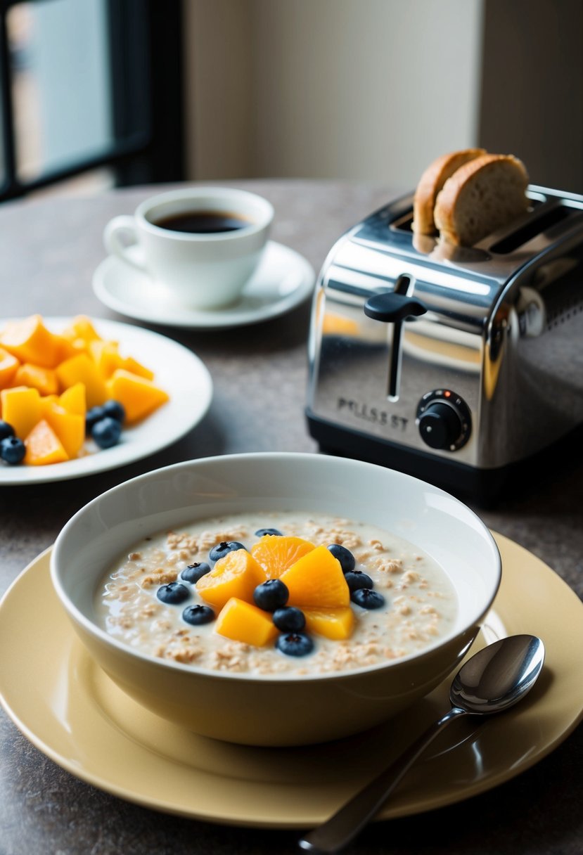 A table set with a bowl of oatmeal, a plate of fruit, and a cup of coffee. A toaster with bread popping out