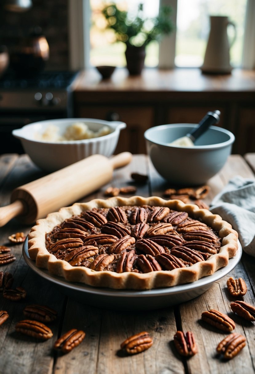 A rustic kitchen table with a freshly baked pecan pie surrounded by pecans, a rolling pin, and a mixing bowl