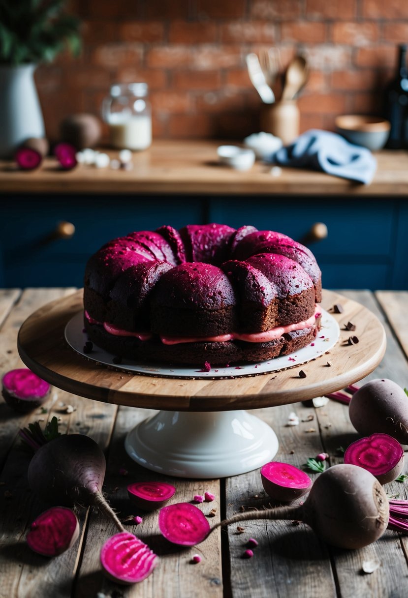 A rustic kitchen with a wooden table holding a freshly baked chocolate beetroot cake, surrounded by scattered beetroot and ingredients