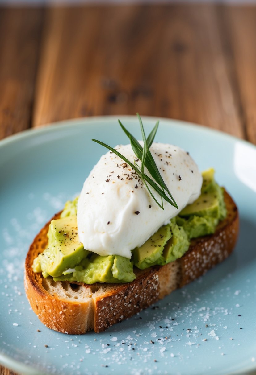 A slice of toasted bread topped with mashed avocado and creamy burrata cheese, garnished with a sprinkle of salt and pepper