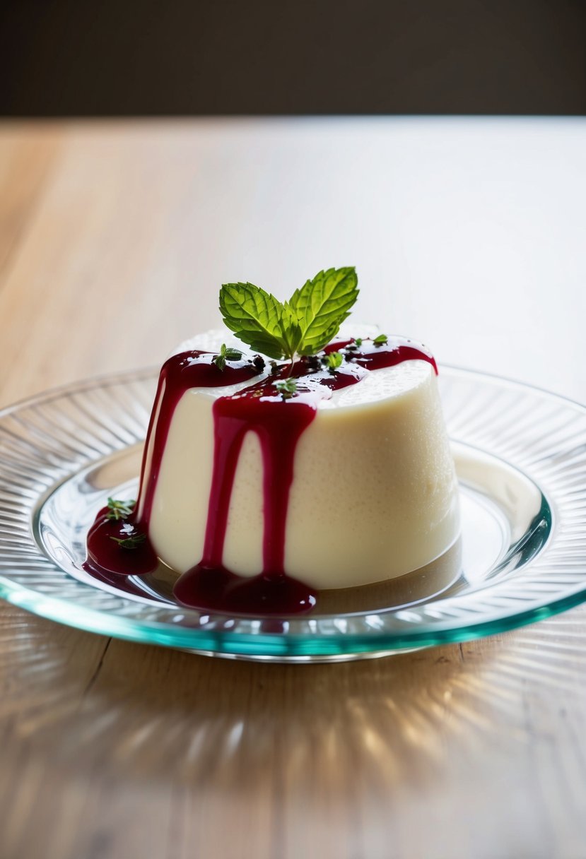 A delicate vanilla panna cotta sits on a glass plate, adorned with a drizzle of raspberry coulis and a sprinkle of fresh mint leaves