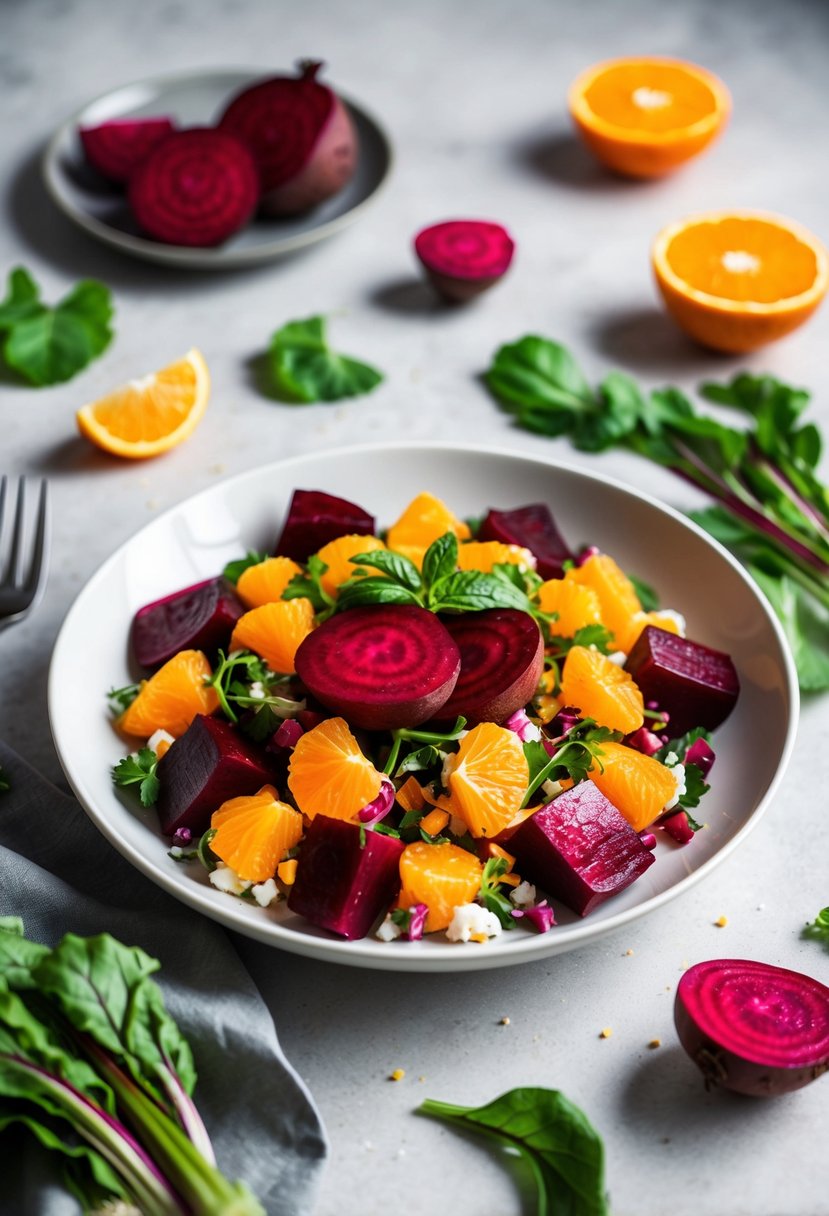 A vibrant beetroot and orange salad arranged on a white plate with fresh ingredients scattered around