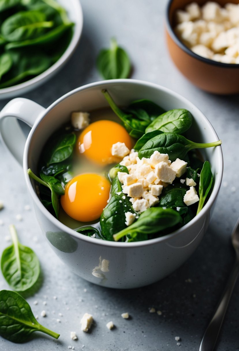 Fresh spinach and crumbled feta in a mug with beaten eggs, ready to be microwaved for a quick and delicious breakfast