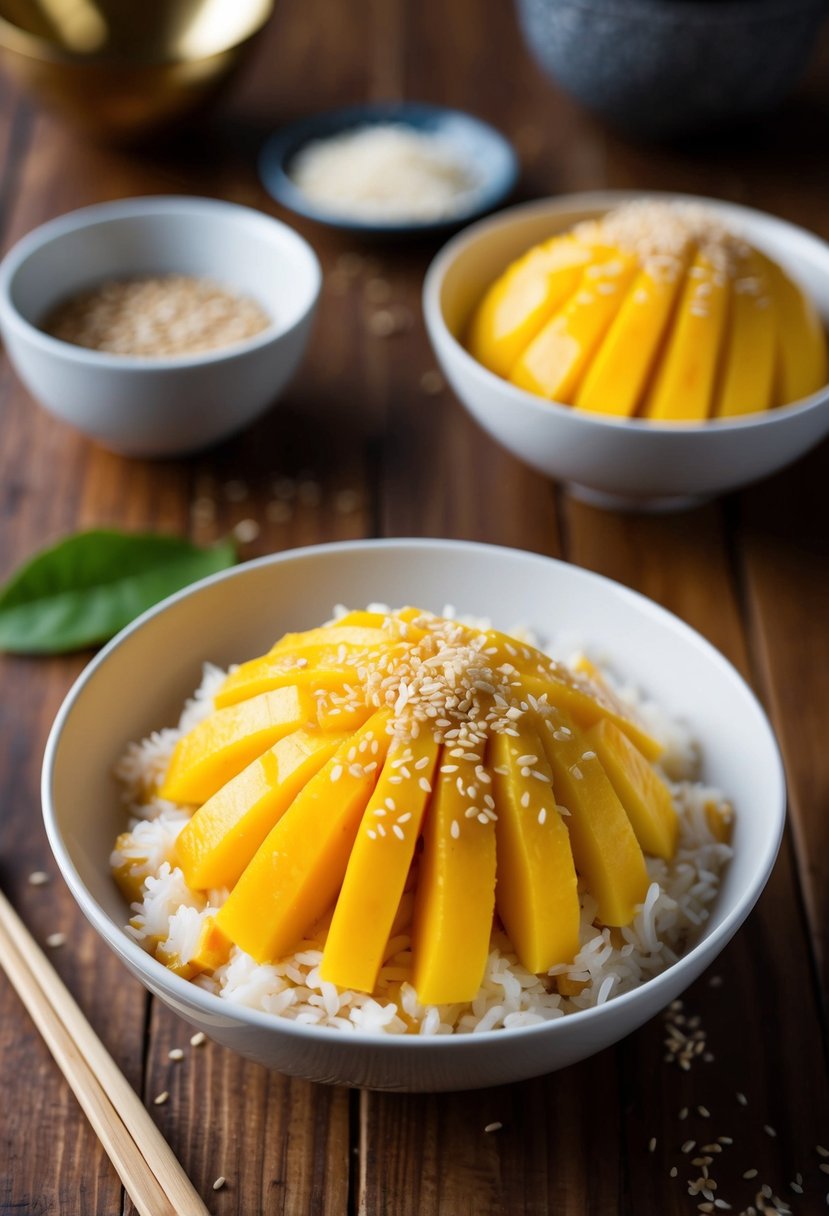 A bowl of mango sticky rice topped with coconut milk and sesame seeds on a wooden table