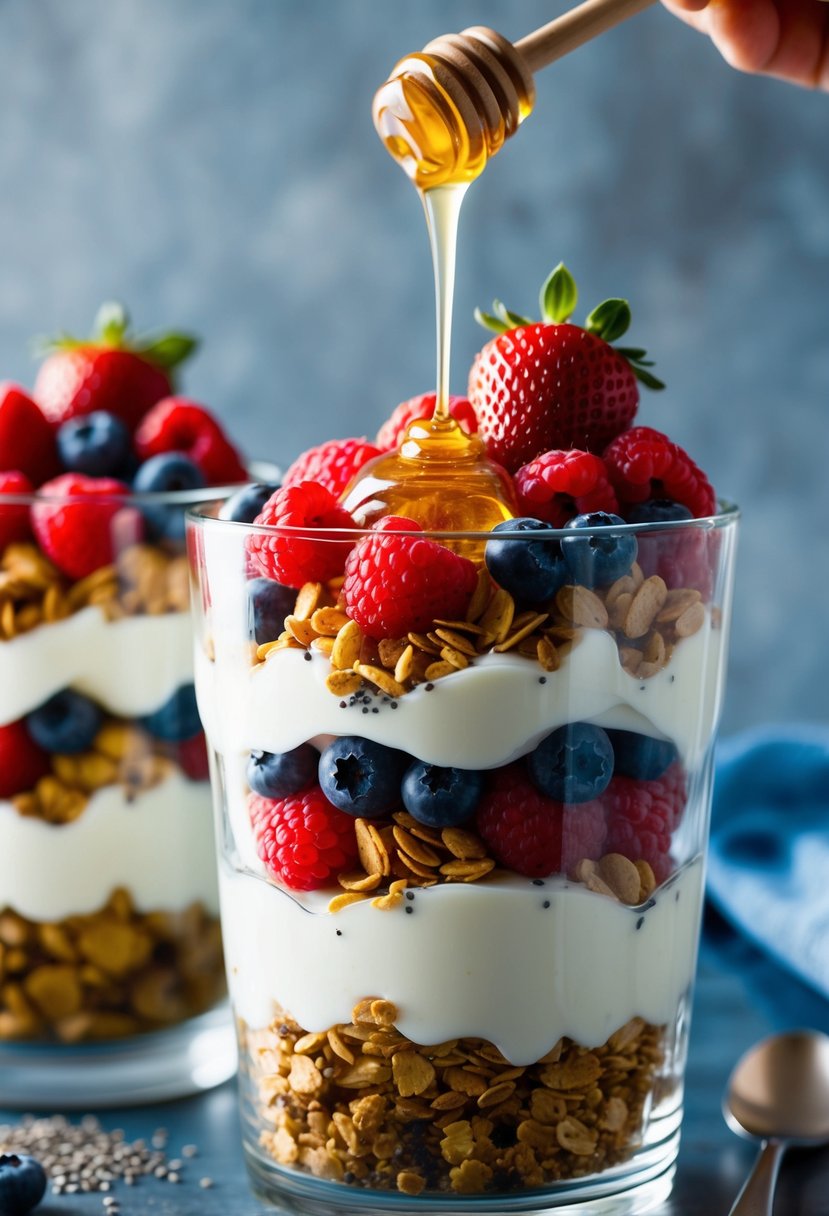 A glass parfait dish filled with layers of granola, yogurt, and fresh berries, topped with a drizzle of honey and a sprinkle of chia seeds