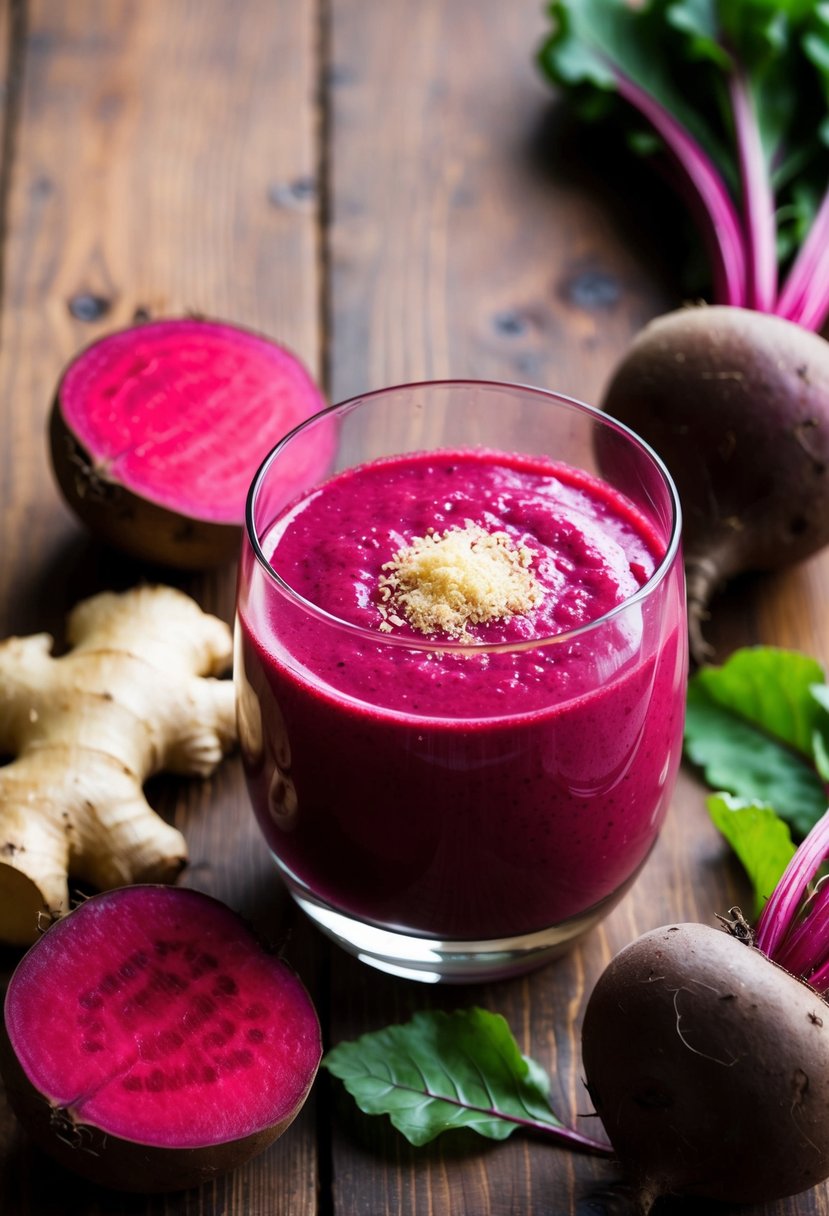 A glass of vibrant beetroot smoothie surrounded by fresh ginger and beetroots on a wooden table