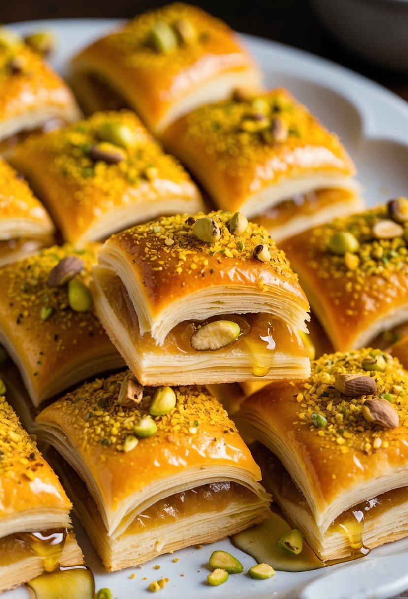 A table filled with golden, flaky baklava pastries, topped with crushed pistachios and drizzled with honey