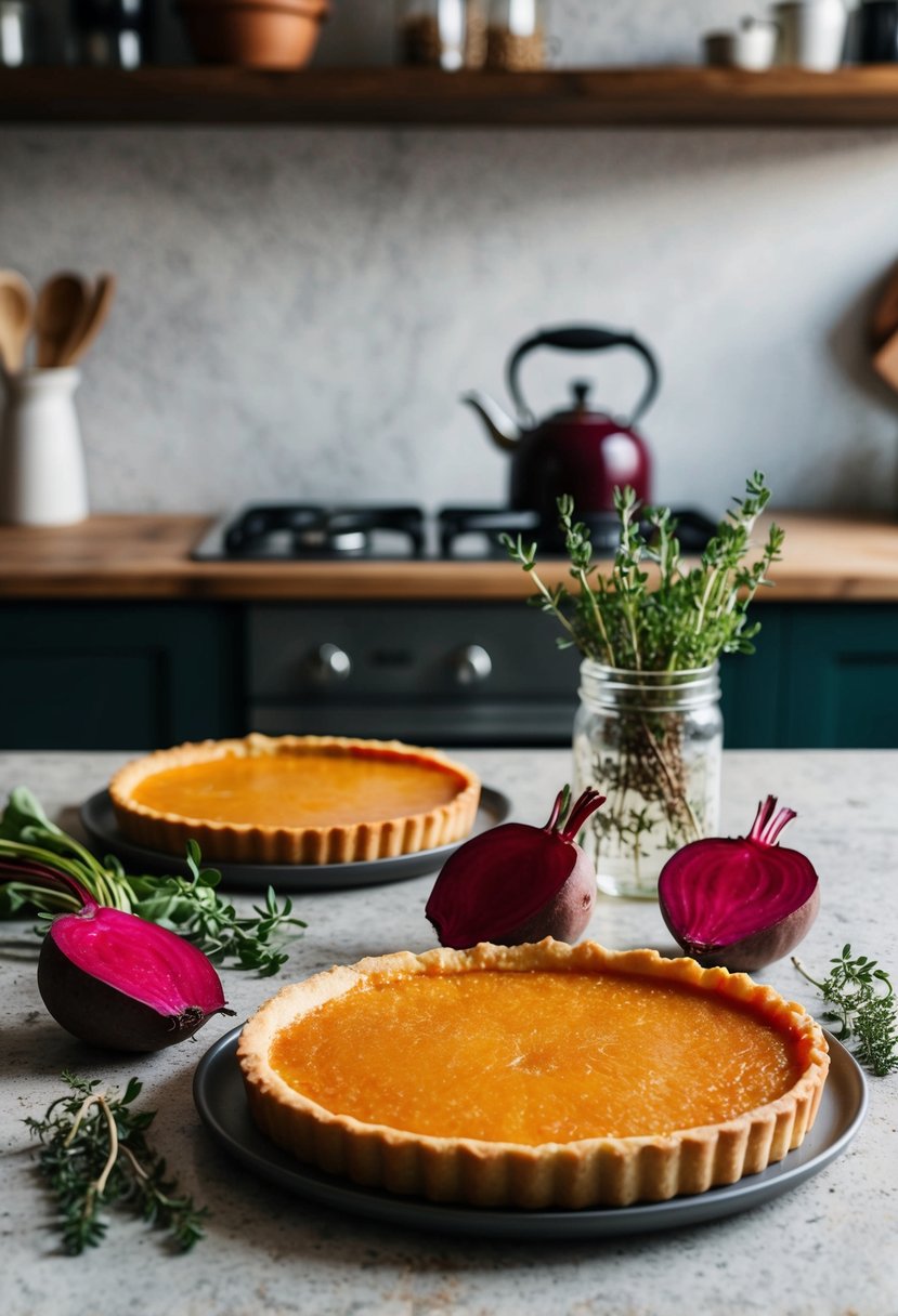 A rustic kitchen counter with a golden caramelized beetroot tart surrounded by fresh beetroot and thyme sprigs