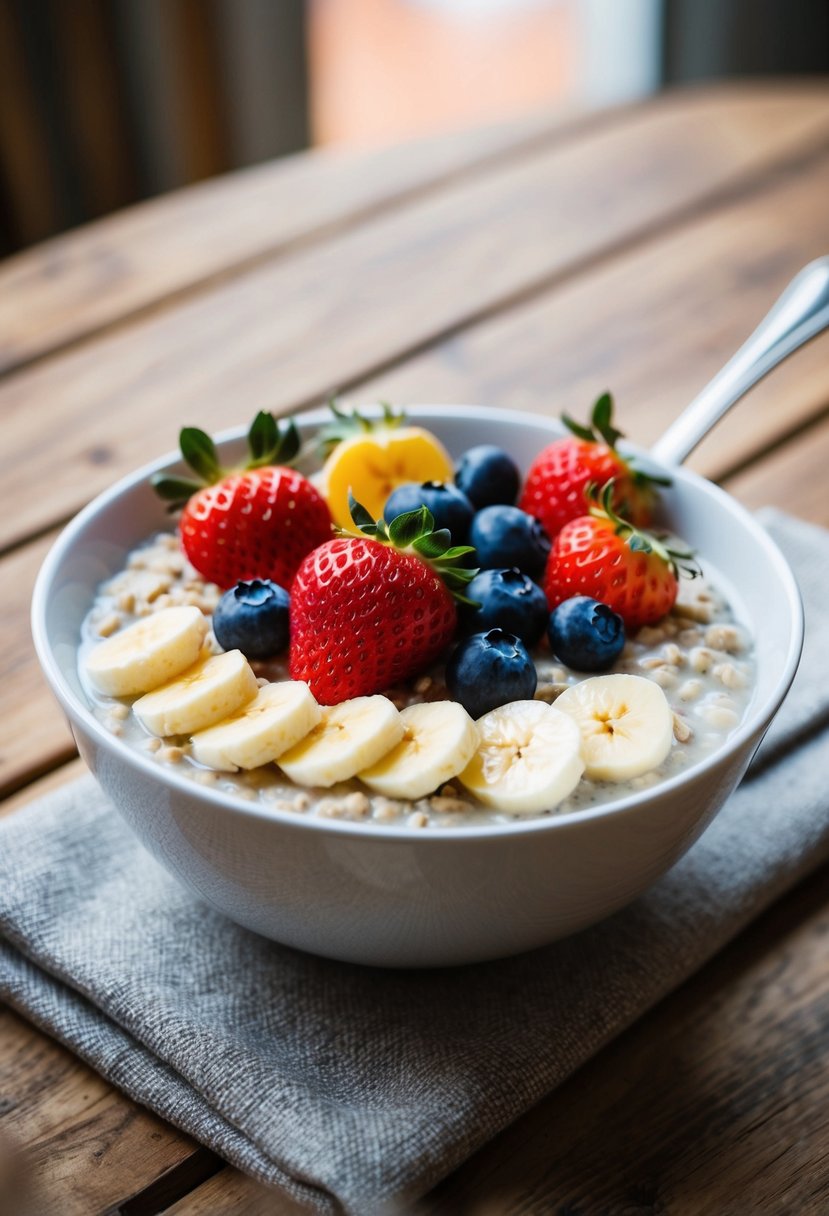 A bowl of oatmeal topped with a colorful assortment of fresh fruits, such as strawberries, blueberries, and banana slices, placed on a wooden table