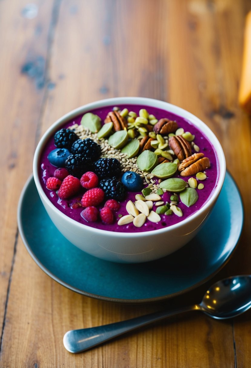 A colorful smoothie bowl topped with a variety of nuts and seeds, placed on a wooden table with a spoon beside it