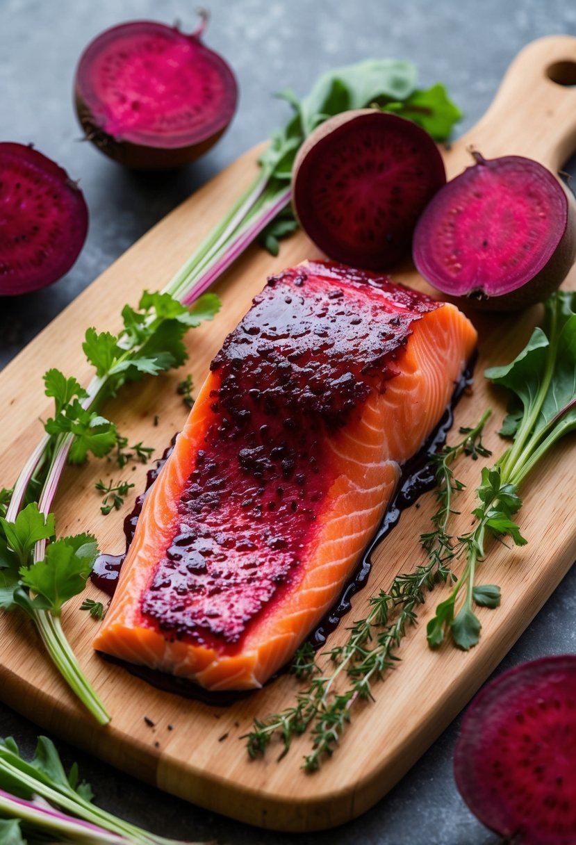 A vibrant beetroot cured salmon fillet surrounded by fresh beetroot and herbs on a wooden cutting board