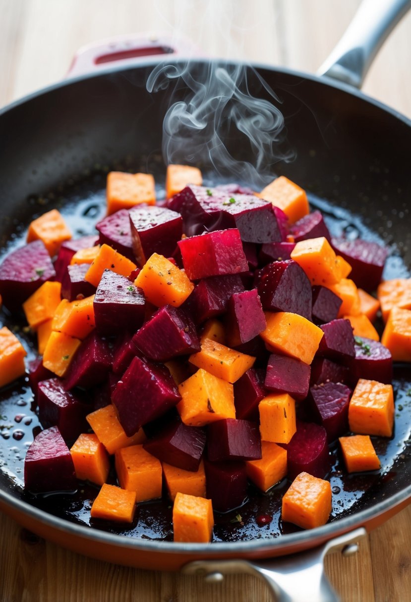 A colorful pile of diced beetroot and sweet potato sizzling in a skillet, steam rising