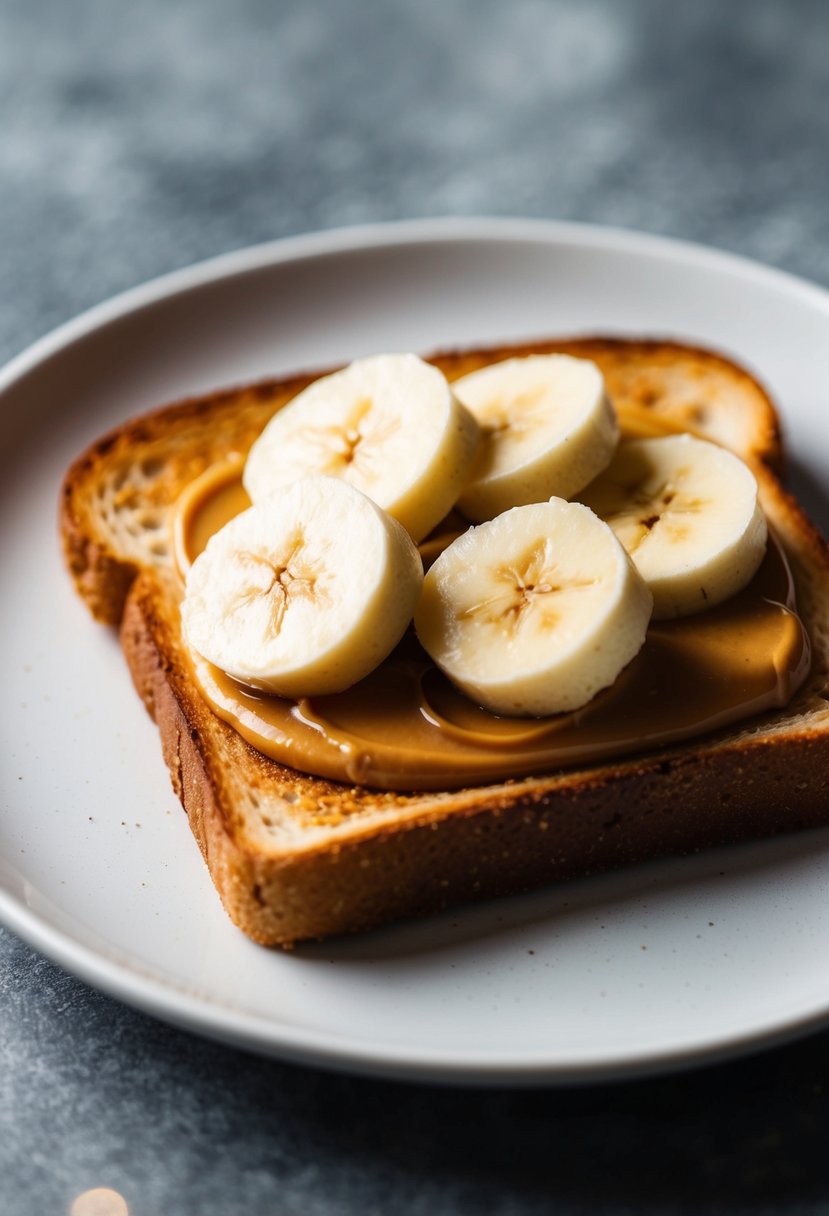 A slice of toast topped with peanut butter and sliced banana on a plate