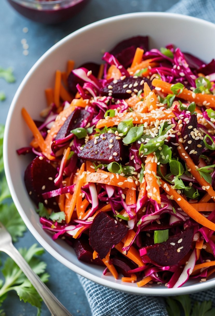 A vibrant bowl of shredded beetroot and carrot slaw with a sprinkle of sesame seeds and a drizzle of tangy vinaigrette