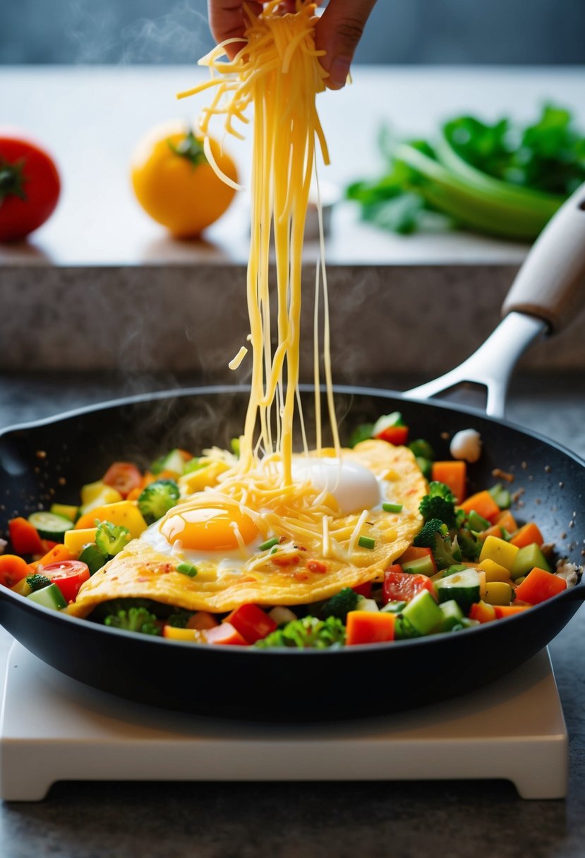 A sizzling skillet with colorful vegetables, eggs, and cheese being mixed together to create a delicious veggie omelet