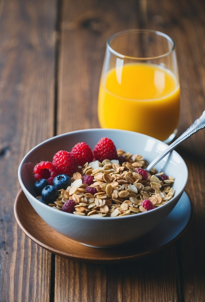 A bowl of muesli with fresh raspberries, a spoon, and a glass of orange juice on a wooden table