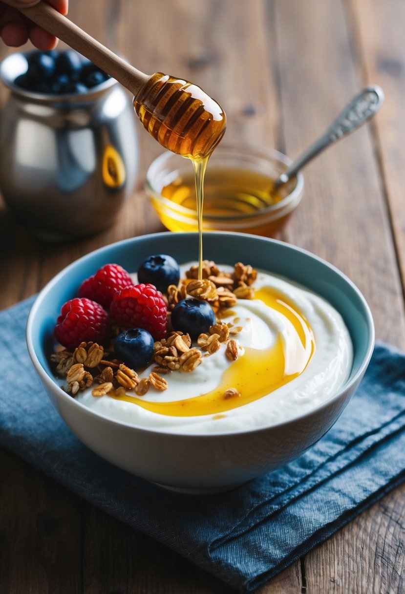 A bowl of Greek yogurt sits on a wooden table, drizzled with golden honey and topped with fresh berries and granola