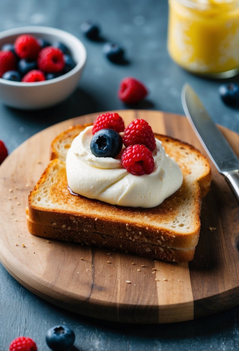 A slice of toasted bread topped with creamy mascarpone and fresh berries on a rustic wooden cutting board