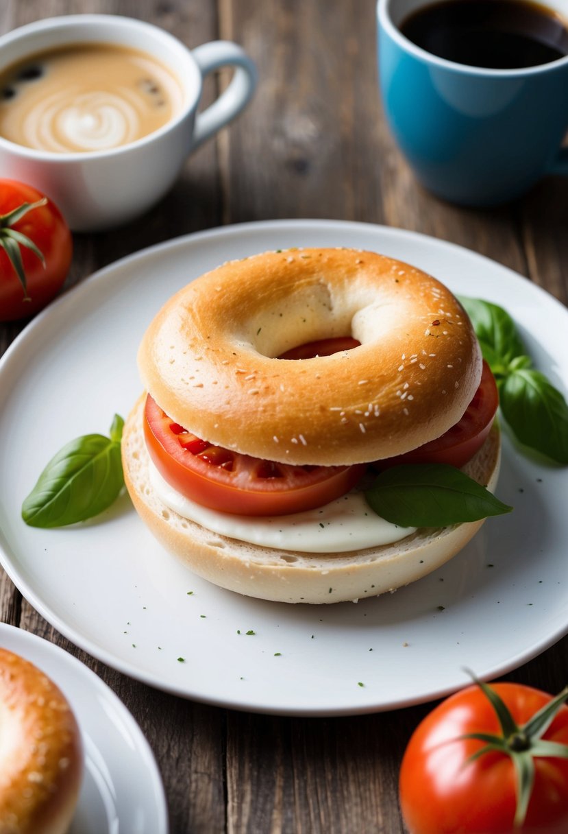 A fresh Caprese Breakfast Bagel sits on a plate, topped with ripe tomatoes, creamy mozzarella, and fragrant basil leaves. A cup of steaming coffee completes the scene