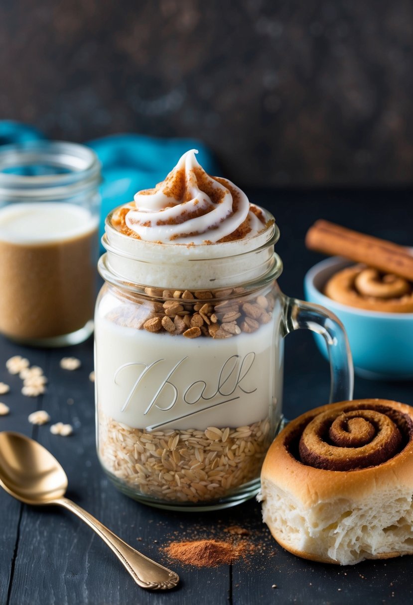 A mason jar filled with oats, milk, and cinnamon, topped with swirls of icing and a sprinkle of cinnamon, next to a cinnamon roll