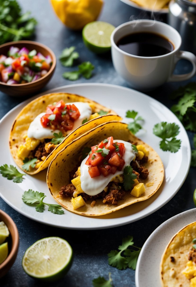 A plate of breakfast tacos topped with salsa, surrounded by fresh ingredients and a steaming cup of coffee