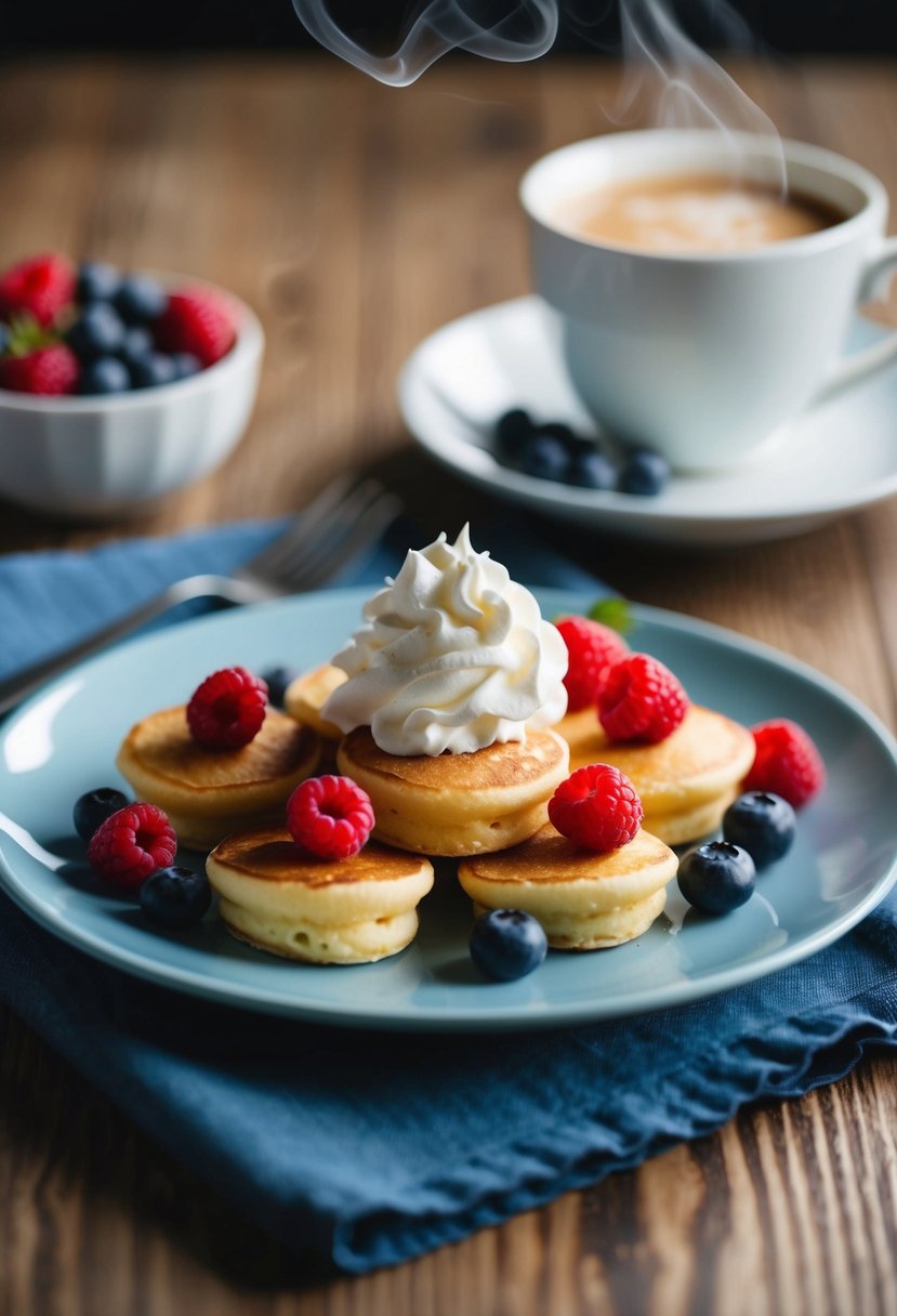 A plate of pancake bites surrounded by fresh berries and a dollop of whipped cream, with a steaming cup of coffee in the background