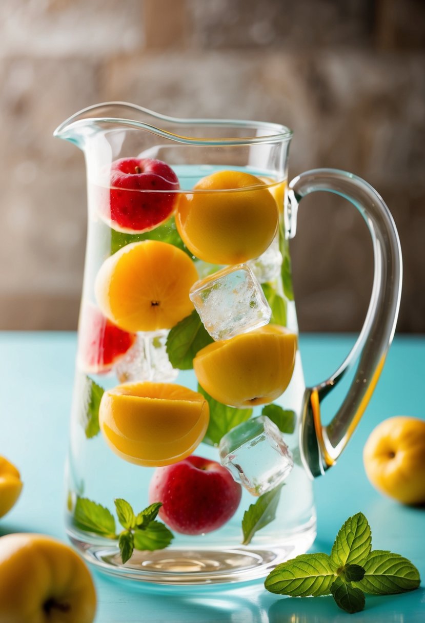 Fresh fruits floating in clear water pitcher with mint leaves and ice cubes