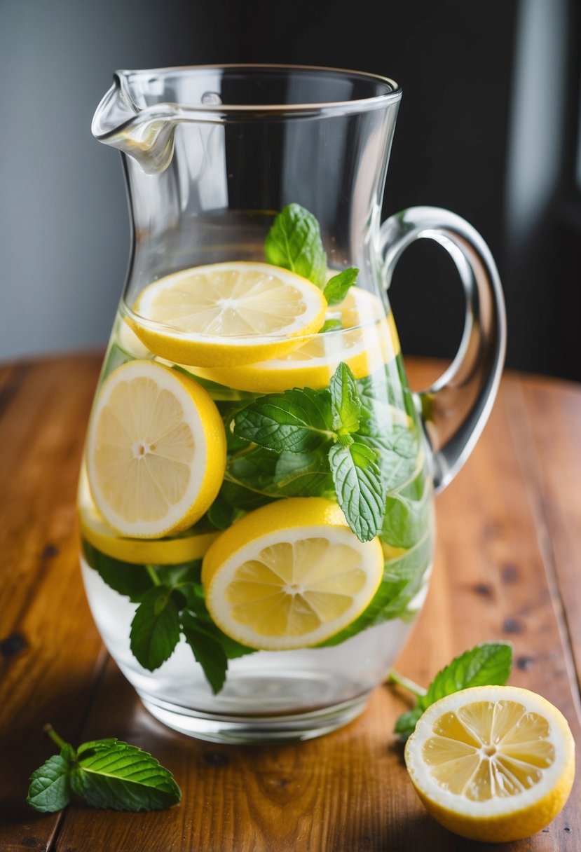 A glass pitcher filled with water, sliced lemons, and fresh mint leaves on a wooden table