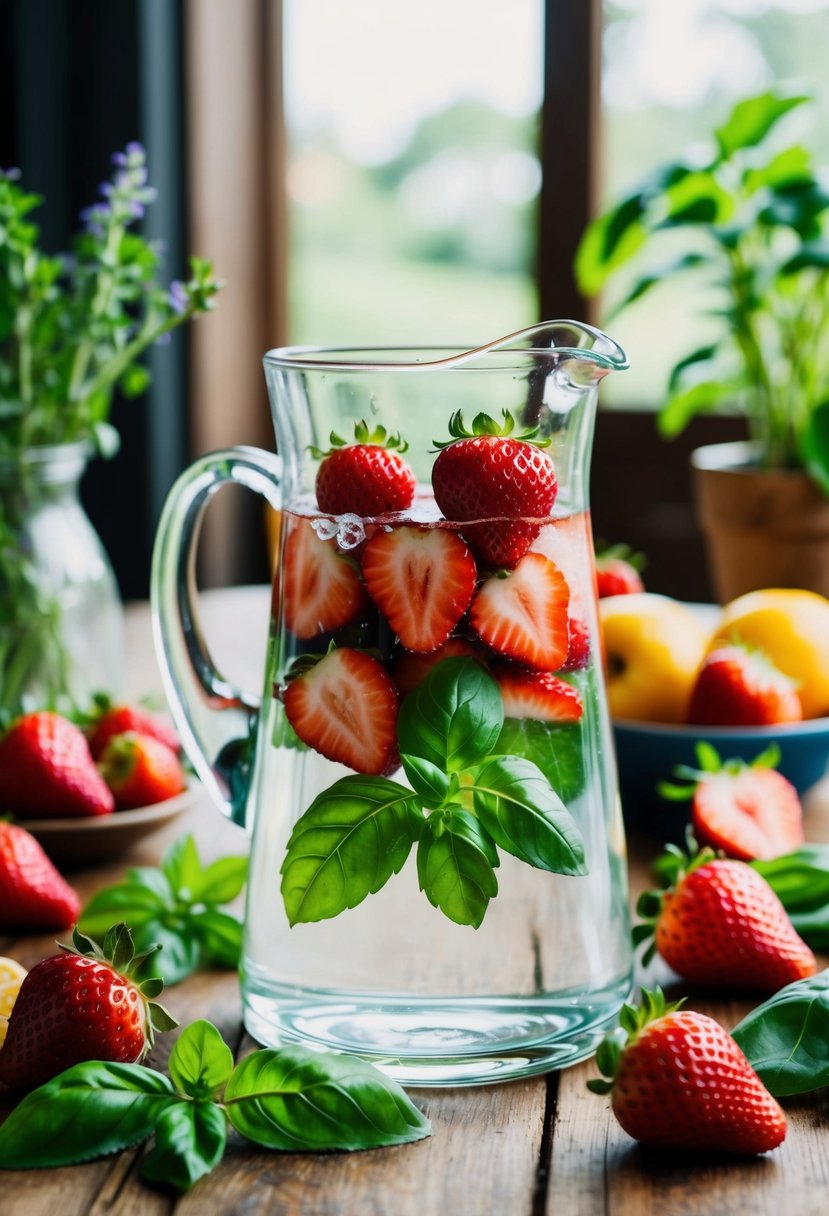 A glass pitcher filled with water, strawberries, and basil, surrounded by fresh fruit and herbs on a wooden table