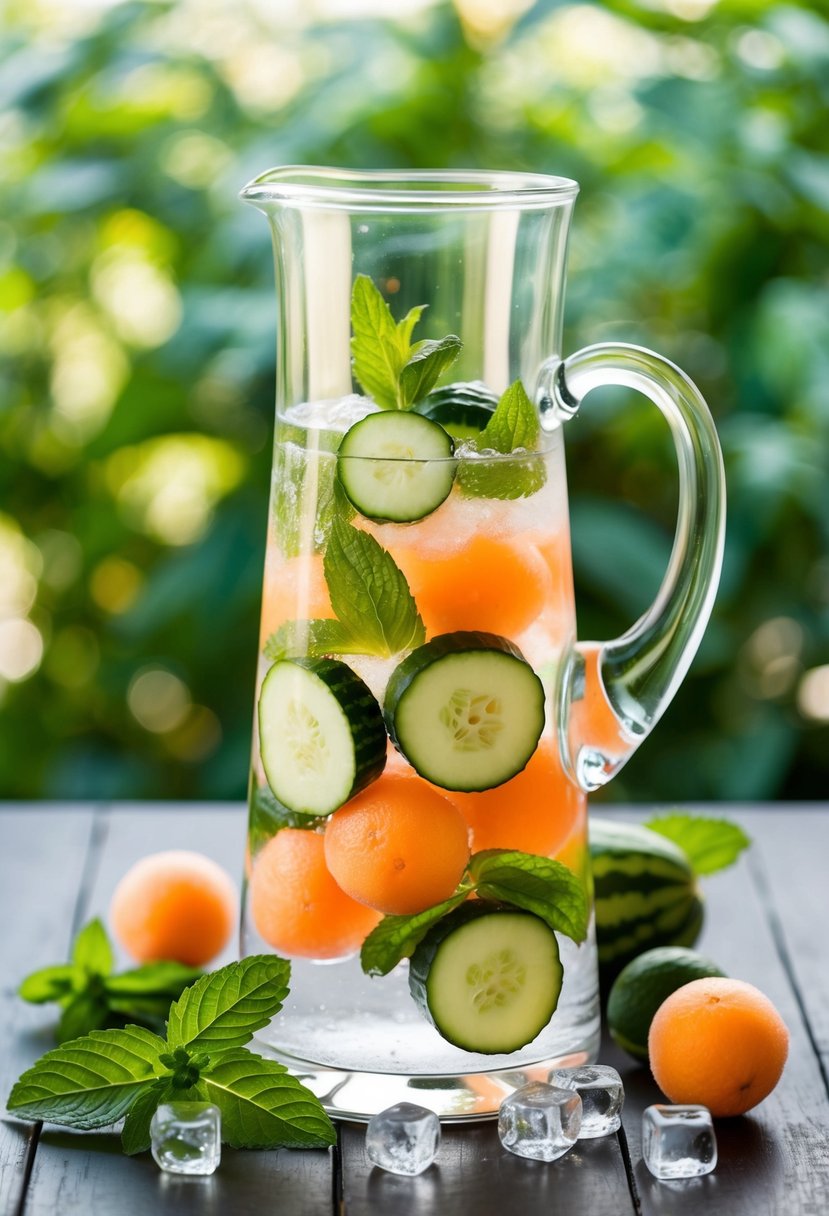 A glass pitcher filled with cucumber slices, melon balls, and water, surrounded by fresh mint leaves and ice cubes