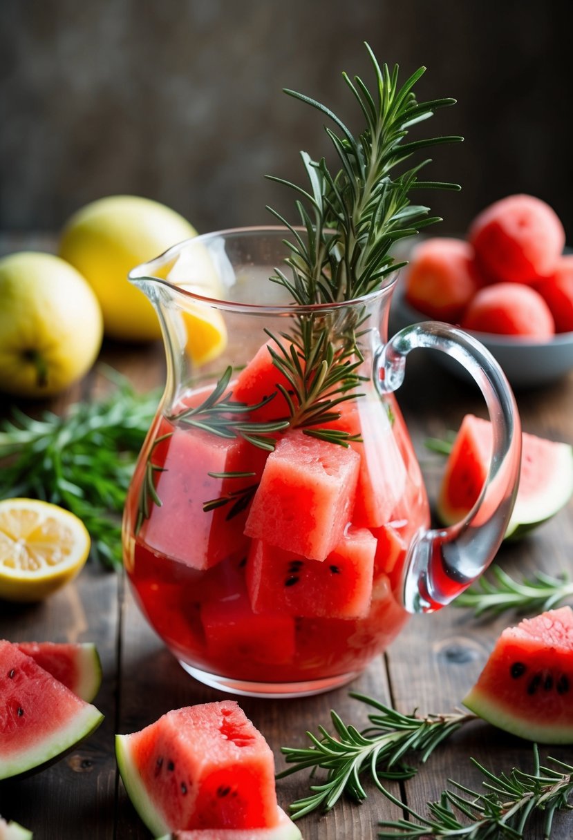 A glass pitcher filled with watermelon chunks and rosemary sprigs, surrounded by fresh fruit and herbs on a wooden table