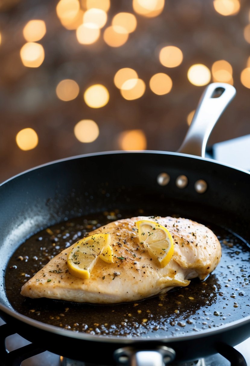 A sizzling chicken breast seasoned with lemon pepper in a hot skillet