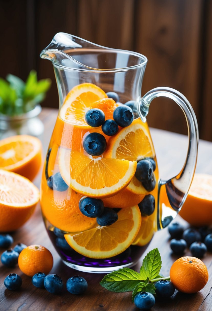 A glass pitcher filled with sliced oranges and blueberries, surrounded by fresh fruit and a sprig of mint on a wooden table