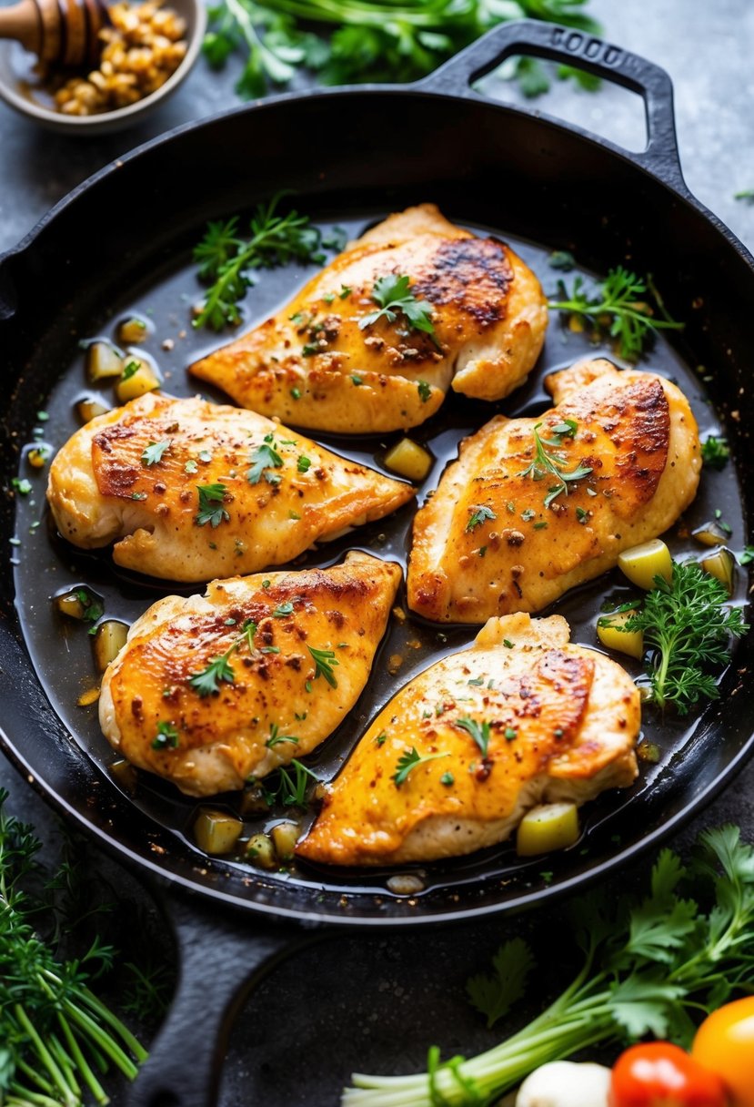 A sizzling skillet with golden-brown chicken breasts in a honey garlic sauce, surrounded by fresh herbs and colorful vegetables