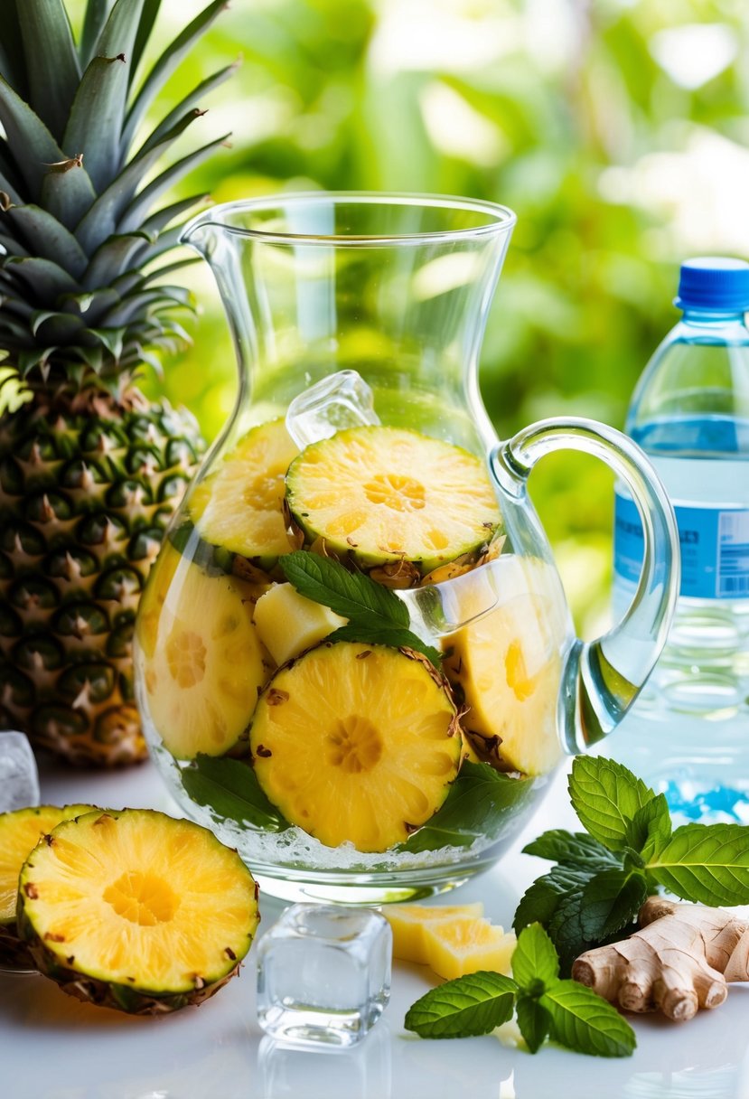 A glass pitcher filled with sliced pineapples and ginger, surrounded by fresh mint and ice cubes, with a bottle of water nearby