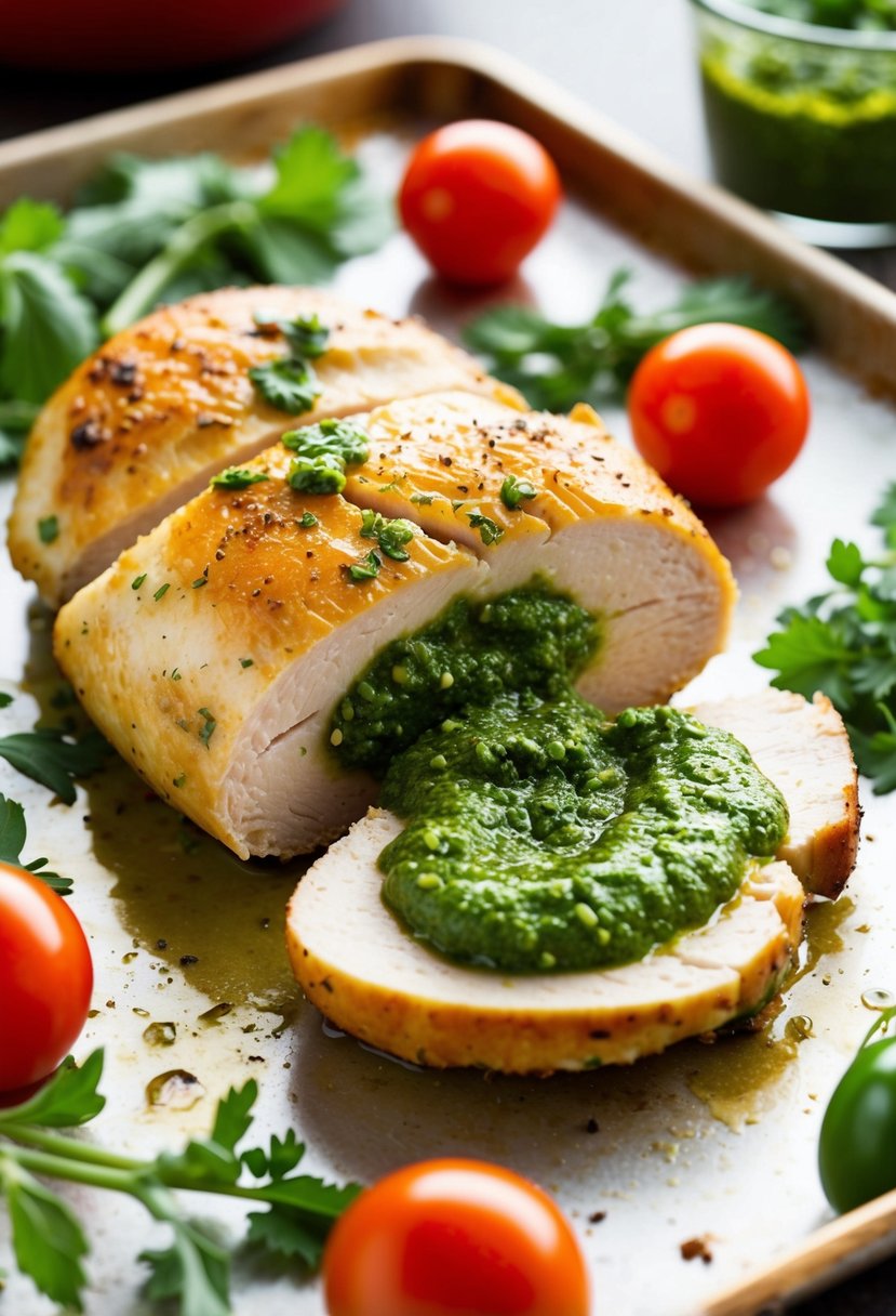 A golden-brown chicken breast, sliced open to reveal vibrant green pesto oozing out, surrounded by fresh herbs and cherry tomatoes on a baking sheet